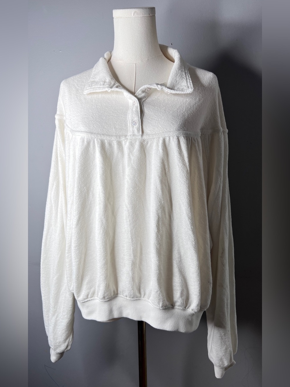 aerie Cream Button-Up Terry Polo Sweatshirt Size Large